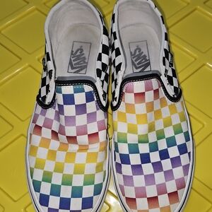 Woman's Checkered Rainbow Vans Slide-ons Street Shoes Sneakers Size 10 Boat Shoe